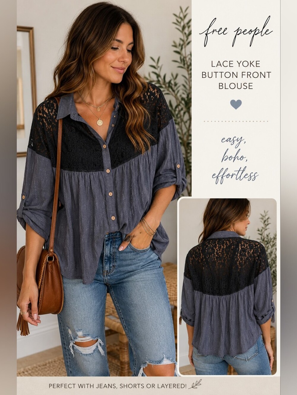 Free People Black Lace Yoke Button Front Boho Blouse Gray Crinkle Roll Tab M